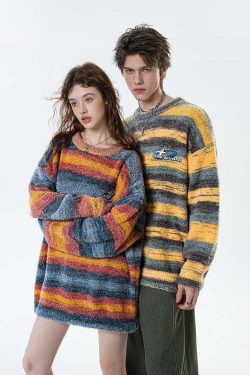 BJHG Contrast Painted Stripe Sweater - Y2K Grunge, 90s Fashion, Retro Style, Pastel Goth Outfits