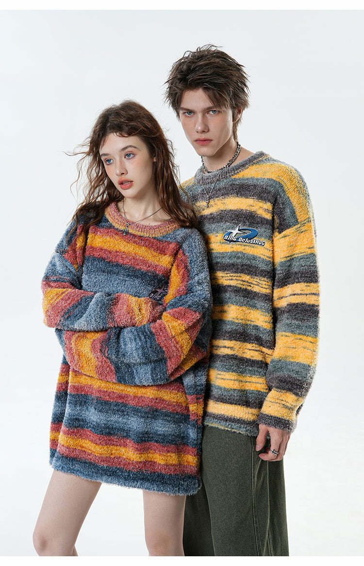 BJHG Contrast Painted Stripe Sweater - Y2K Grunge, 90s Fashion, Retro Style, Pastel Goth Outfits