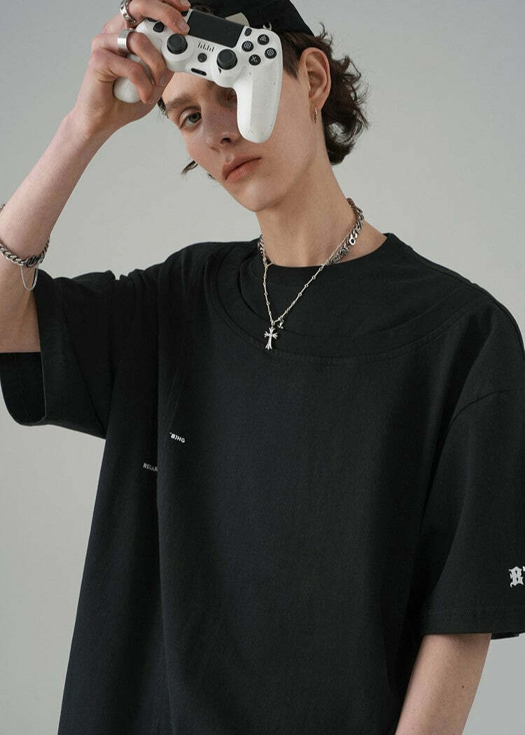 BJHG Double Collar Tee - Y2K Summer Grunge, 90s Retro, Pastel Goth, Y2K Party & Club Outfits