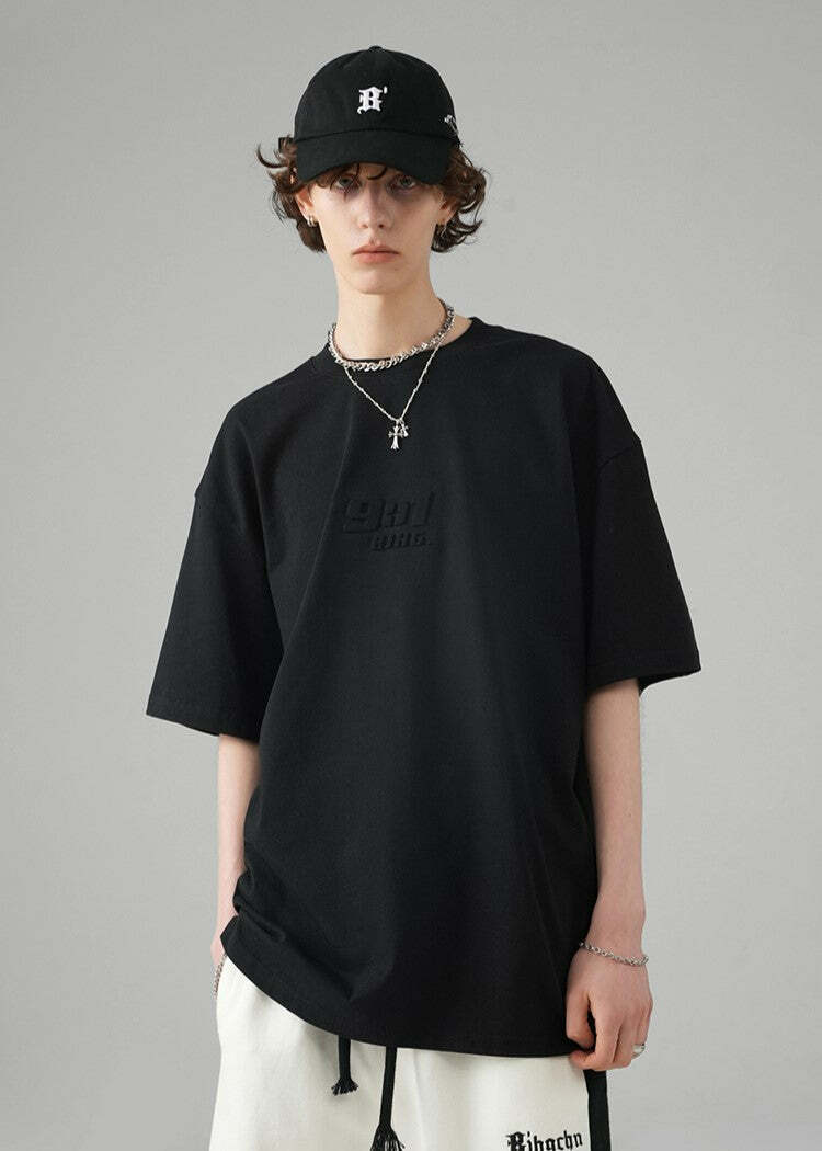 BJHG Embossed Logo Tee - Y2K Summer Grunge, 90s Retro, Pastel Goth, Y2K Club & Party