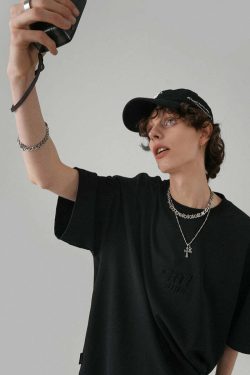BJHG Embossed Logo Tee - Y2K Summer Grunge, 90s Retro, Pastel Goth, Y2K Club & Party