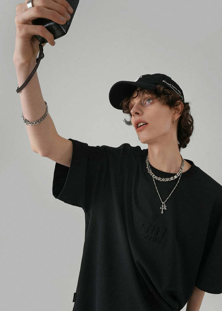 BJHG Embossed Logo Tee - Y2K Summer Grunge, 90s Retro, Pastel Goth, Y2K Club & Party