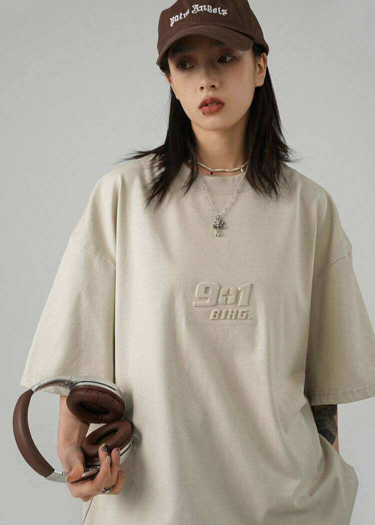 BJHG Embossed Logo Tee - Y2K Summer Grunge, 90s Retro, Pastel Goth, Y2K Club & Party