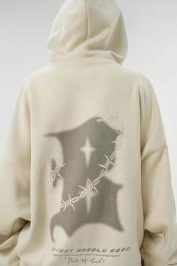 BJHG Embroidered Thorns Suede Hoodie - Y2K Grunge, 90s Fashion, Retro Style, Gothic Y2K Out