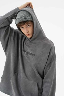 BJHG Embroidered Thorns Suede Hoodie - Y2K Grunge, 90s Fashion, Retro Style, Gothic Y2K Out