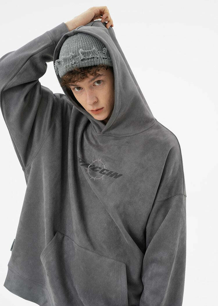 BJHG Embroidered Thorns Suede Hoodie - Y2K Grunge, 90s Fashion, Retro Style, Gothic Y2K Out