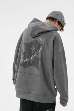 BJHG Embroidered Thorns Suede Hoodie - Y2K Grunge, 90s Fashion, Retro Style, Gothic Y2K Out