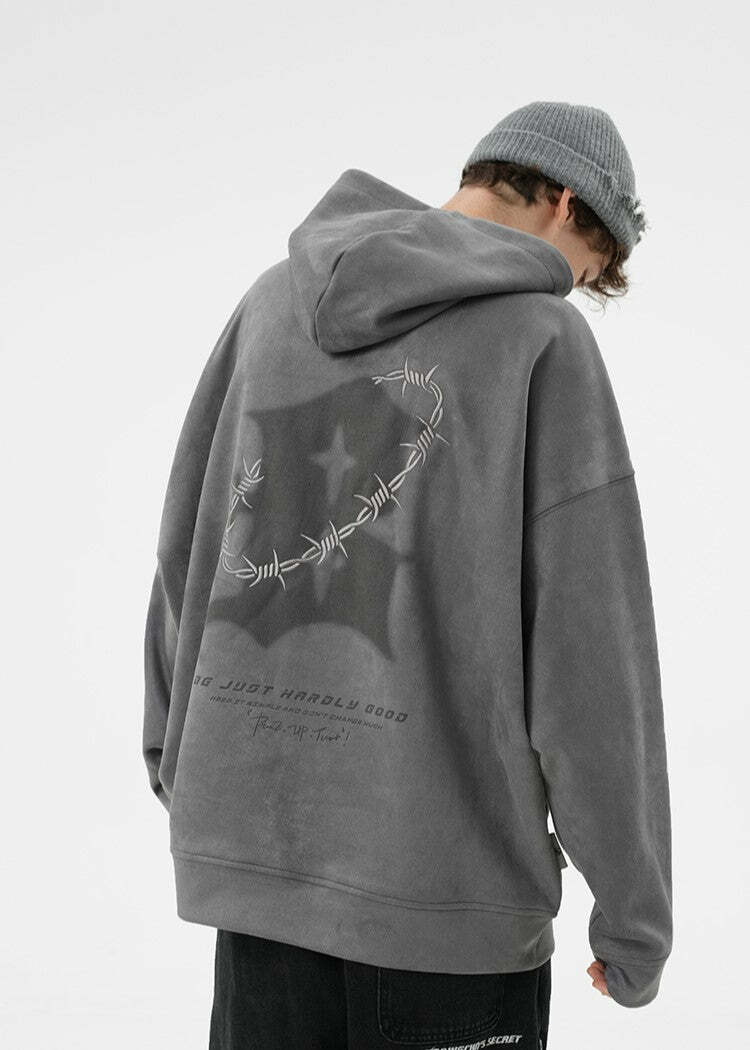 BJHG Embroidered Thorns Suede Hoodie - Y2K Grunge, 90s Fashion, Retro Style, Gothic Y2K Out