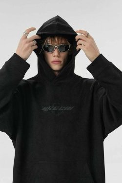 BJHG Embroidered Thorns Suede Hoodie - Y2K Grunge, 90s Fashion, Retro Style, Gothic Y2K Out