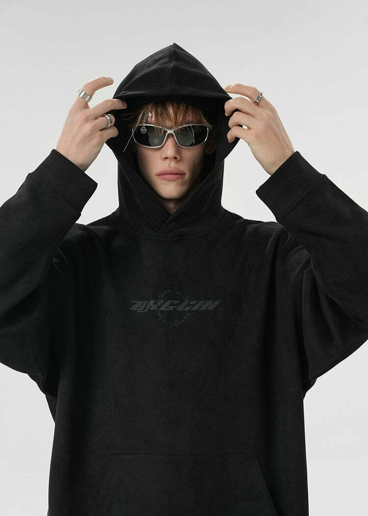 BJHG Embroidered Thorns Suede Hoodie - Y2K Grunge, 90s Fashion, Retro Style, Gothic Y2K Out