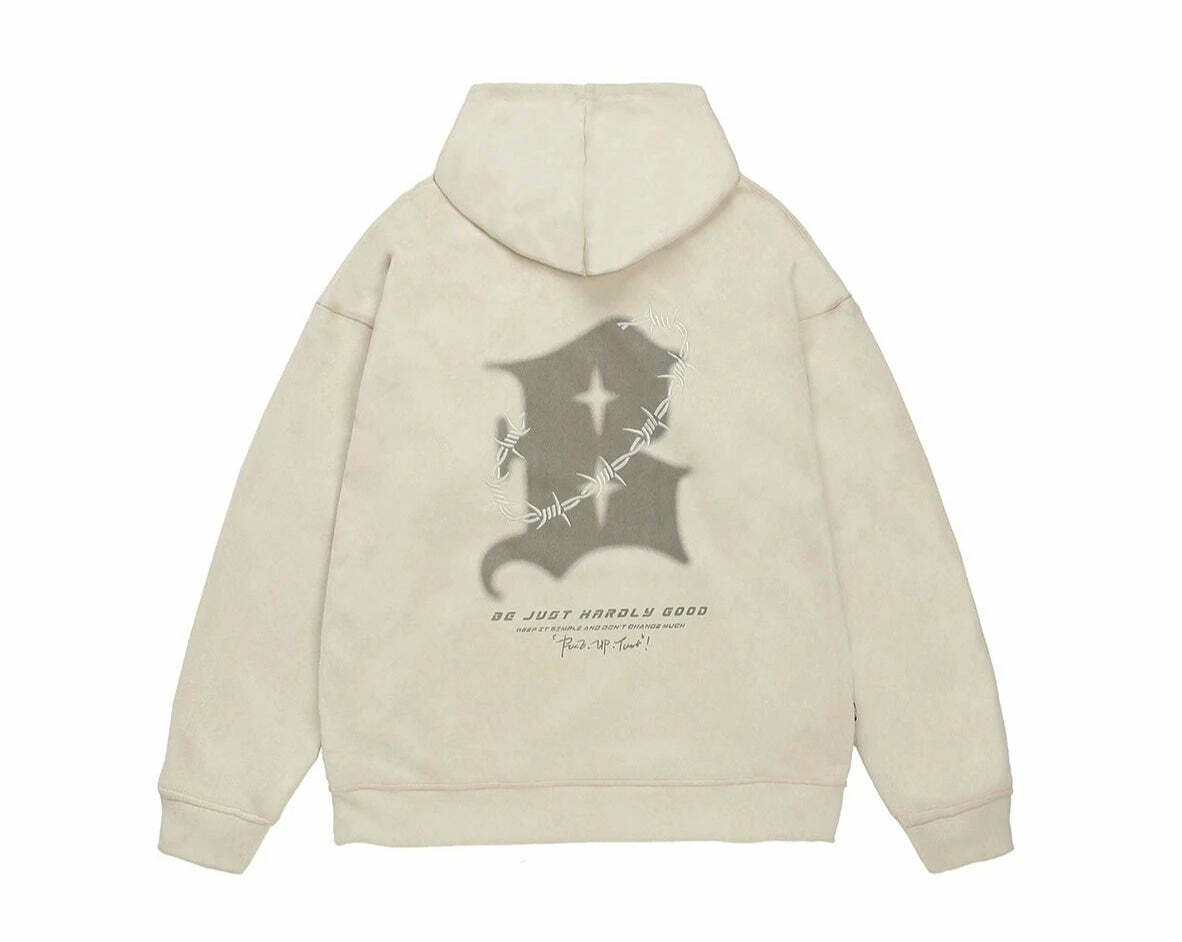BJHG Embroidered Thorns Suede Hoodie - Y2K Grunge, 90s Fashion, Retro Style, Gothic Y2K Out