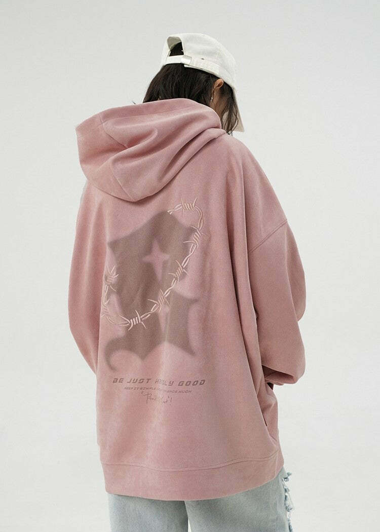 BJHG Embroidered Thorns Suede Hoodie - Y2K Grunge, 90s Fashion, Retro Style, Gothic Y2K Out