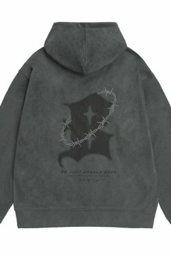 BJHG Embroidered Thorns Suede Hoodie - Y2K Grunge, 90s Fashion, Retro Style, Gothic Y2K Out