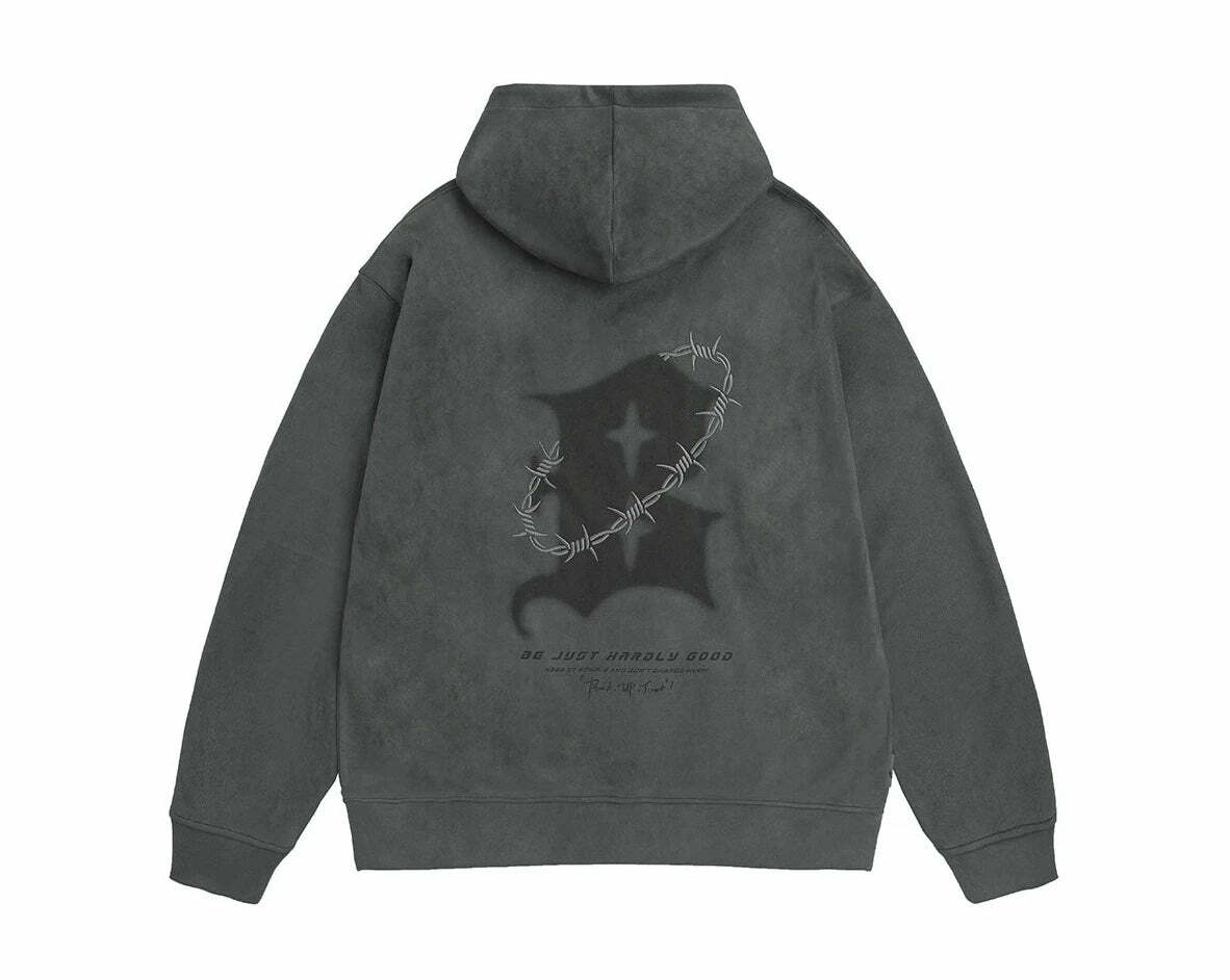 BJHG Embroidered Thorns Suede Hoodie - Y2K Grunge, 90s Fashion, Retro Style, Gothic Y2K Out