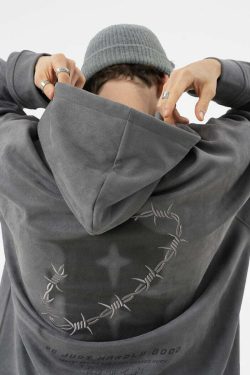 BJHG Embroidered Thorns Suede Hoodie - Y2K Grunge, 90s Fashion, Retro Style, Gothic Y2K Out