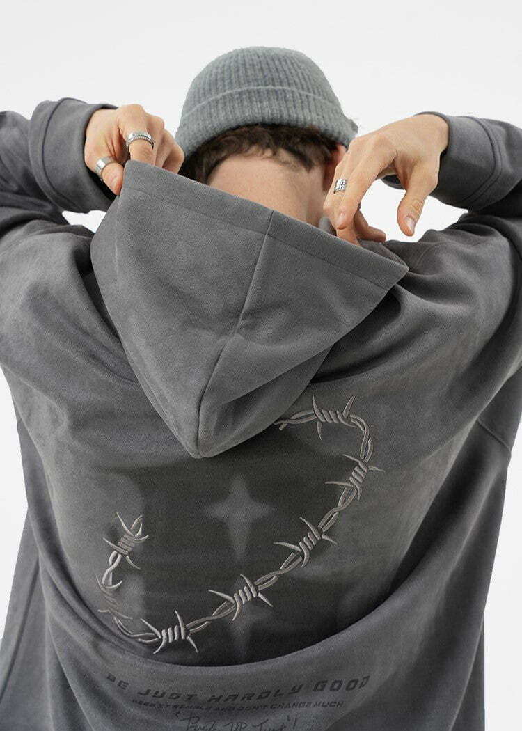 BJHG Embroidered Thorns Suede Hoodie - Y2K Grunge, 90s Fashion, Retro Style, Gothic Y2K Out