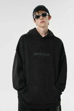 BJHG Embroidered Thorns Suede Hoodie - Y2K Grunge, 90s Fashion, Retro Style, Gothic Y2K Out