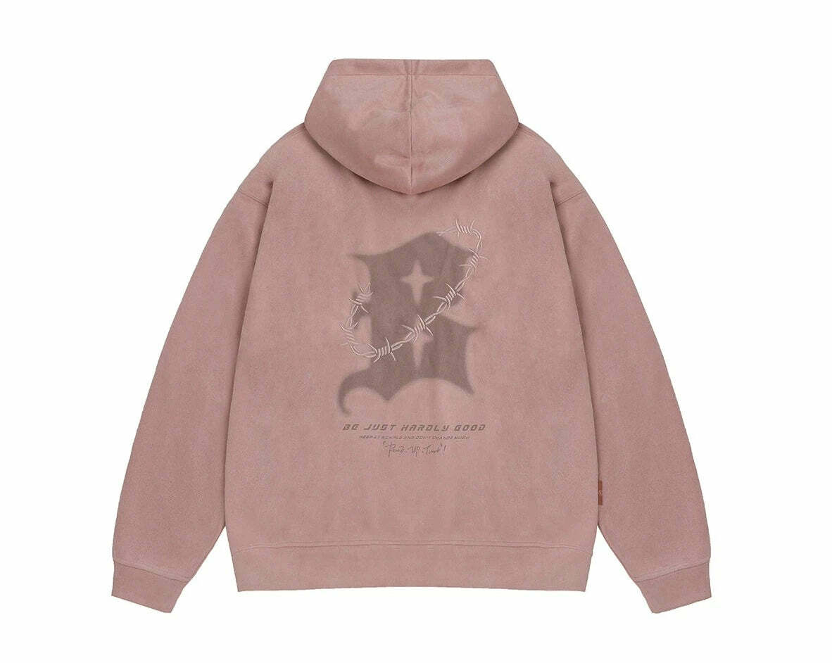 BJHG Embroidered Thorns Suede Hoodie - Y2K Grunge, 90s Fashion, Retro Style, Gothic Y2K Out