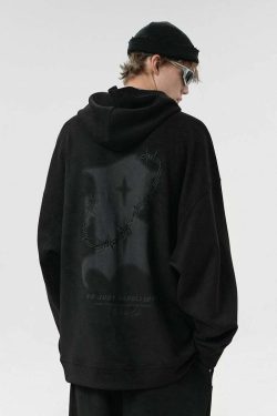 BJHG Embroidered Thorns Suede Hoodie - Y2K Grunge, 90s Fashion, Retro Style, Gothic Y2K Out