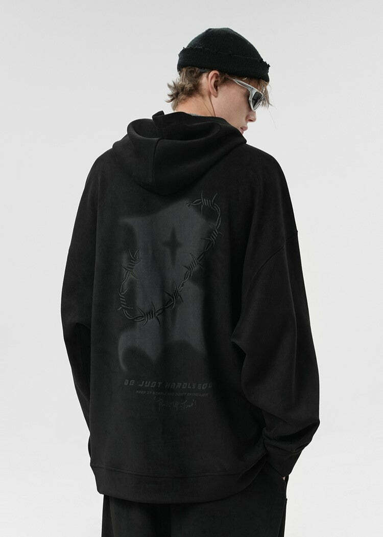 BJHG Embroidered Thorns Suede Hoodie - Y2K Grunge, 90s Fashion, Retro Style, Gothic Y2K Out