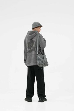 BJHG Embroidered Thorns Suede Hoodie - Y2K Grunge, 90s Fashion, Retro Style, Gothic Y2K Out