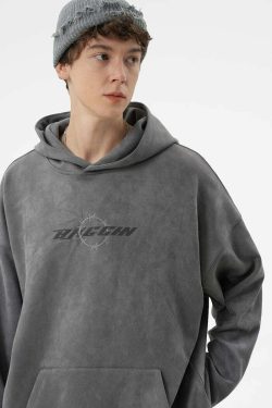 BJHG Embroidered Thorns Suede Hoodie - Y2K Grunge, 90s Fashion, Retro Style, Gothic Y2K Out