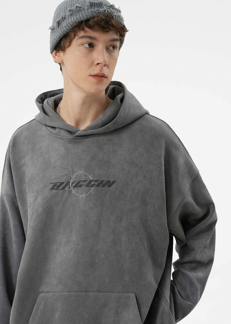 BJHG Embroidered Thorns Suede Hoodie - Y2K Grunge, 90s Fashion, Retro Style, Gothic Y2K Out