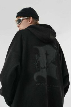 BJHG Embroidered Thorns Suede Hoodie - Y2K Grunge, 90s Fashion, Retro Style, Gothic Y2K Out