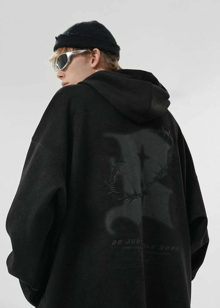 BJHG Embroidered Thorns Suede Hoodie - Y2K Grunge, 90s Fashion, Retro Style, Gothic Y2K Out