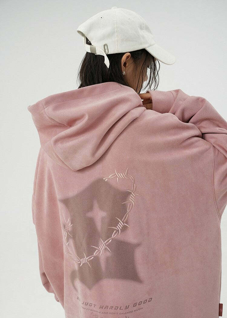 BJHG Embroidered Thorns Suede Hoodie - Y2K Grunge, 90s Fashion, Retro Style, Gothic Y2K Out