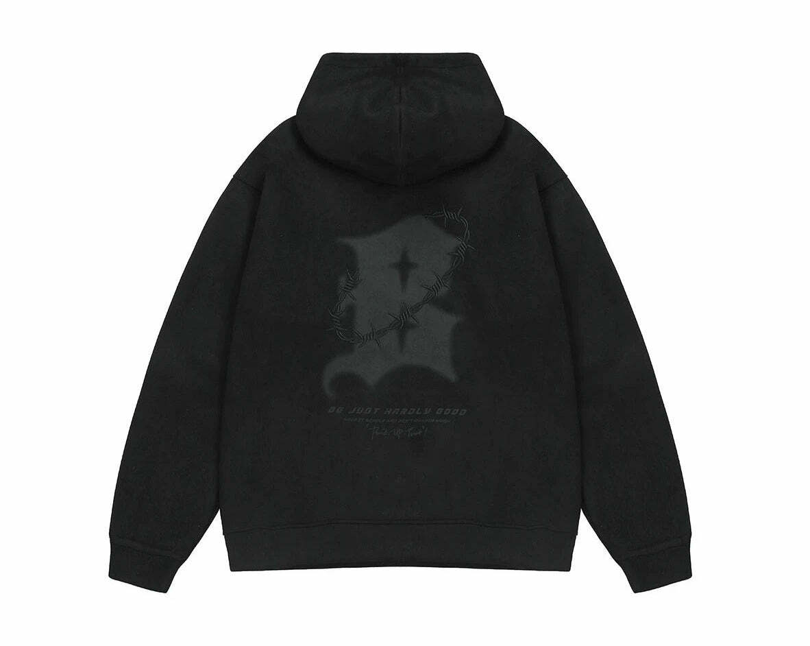 BJHG Embroidered Thorns Suede Hoodie - Y2K Grunge, 90s Fashion, Retro Style, Gothic Y2K Out
