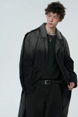 BJHG Faded Denim Trench Coat - Y2K Summer, 90s Grunge, Retro Style, Y2K Party & Club Out