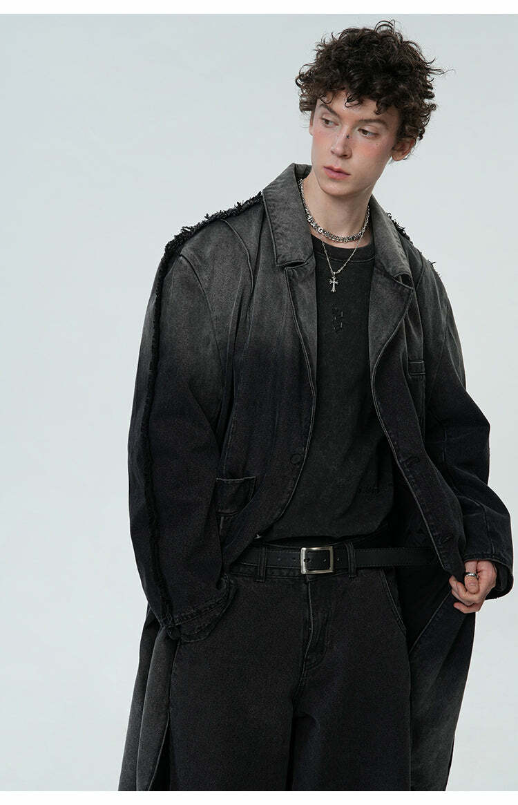 BJHG Faded Denim Trench Coat - Y2K Summer, 90s Grunge, Retro Style, Y2K Party & Club Out