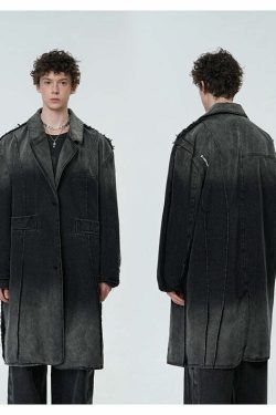 BJHG Faded Denim Trench Coat - Y2K Summer, 90s Grunge, Retro Style, Y2K Party & Club Out