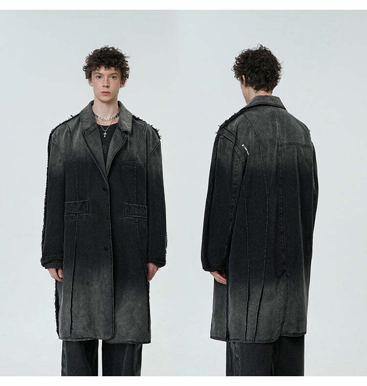 BJHG Faded Denim Trench Coat - Y2K Summer, 90s Grunge, Retro Style, Y2K Party & Club Out