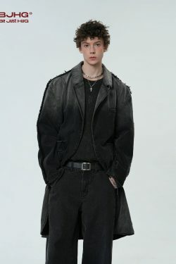 BJHG Faded Denim Trench Coat - Y2K Summer, 90s Grunge, Retro Style, Y2K Party & Club Out