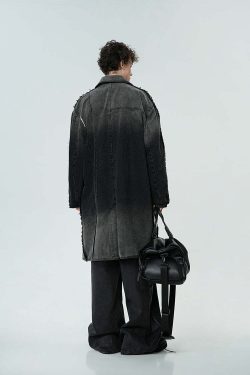 BJHG Faded Denim Trench Coat - Y2K Summer, 90s Grunge, Retro Style, Y2K Party & Club Out