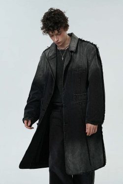 BJHG Faded Denim Trench Coat - Y2K Summer, 90s Grunge, Retro Style, Y2K Party & Club Out