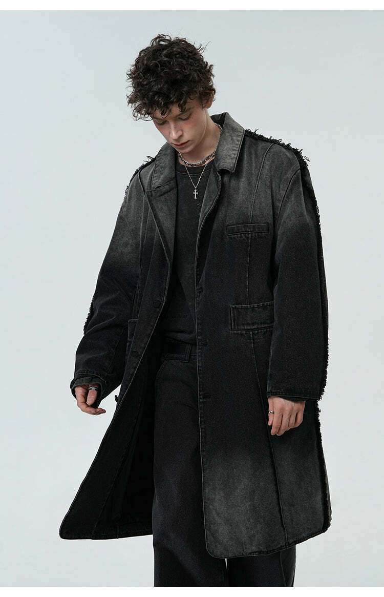 BJHG Faded Denim Trench Coat - Y2K Summer, 90s Grunge, Retro Style, Y2K Party & Club Out