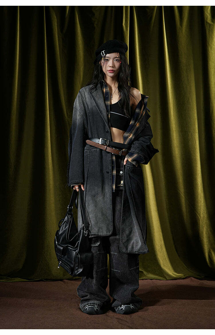 BJHG Faded Denim Trench Coat - Y2K Summer, 90s Grunge, Retro Style, Y2K Party & Club Out