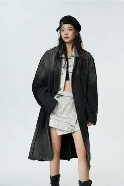 BJHG Faded Denim Trench Coat - Y2K Summer, 90s Grunge, Retro Style, Y2K Party & Club Out