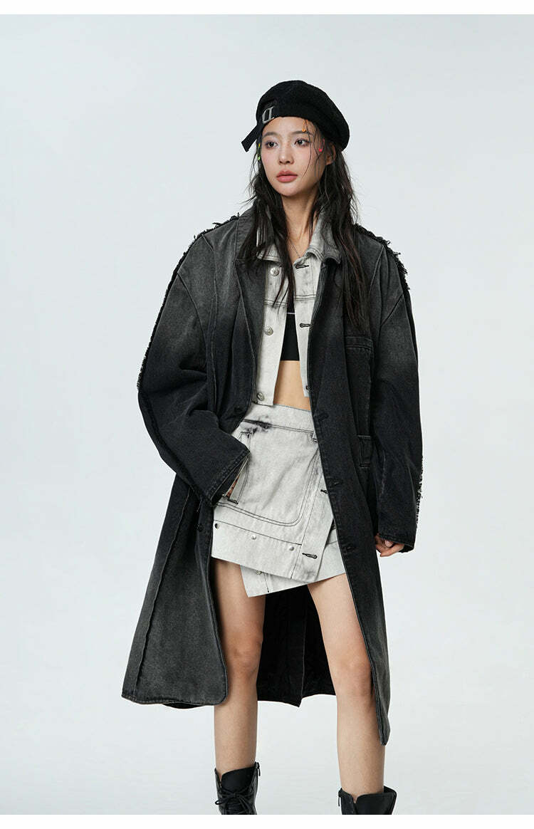 BJHG Faded Denim Trench Coat - Y2K Summer, 90s Grunge, Retro Style, Y2K Party & Club Out