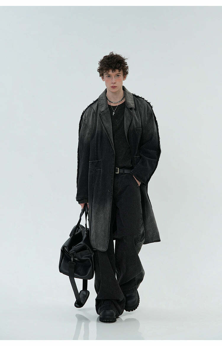 BJHG Faded Denim Trench Coat - Y2K Summer, 90s Grunge, Retro Style, Y2K Party & Club Out
