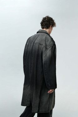 BJHG Faded Denim Trench Coat - Y2K Summer, 90s Grunge, Retro Style, Y2K Party & Club Out
