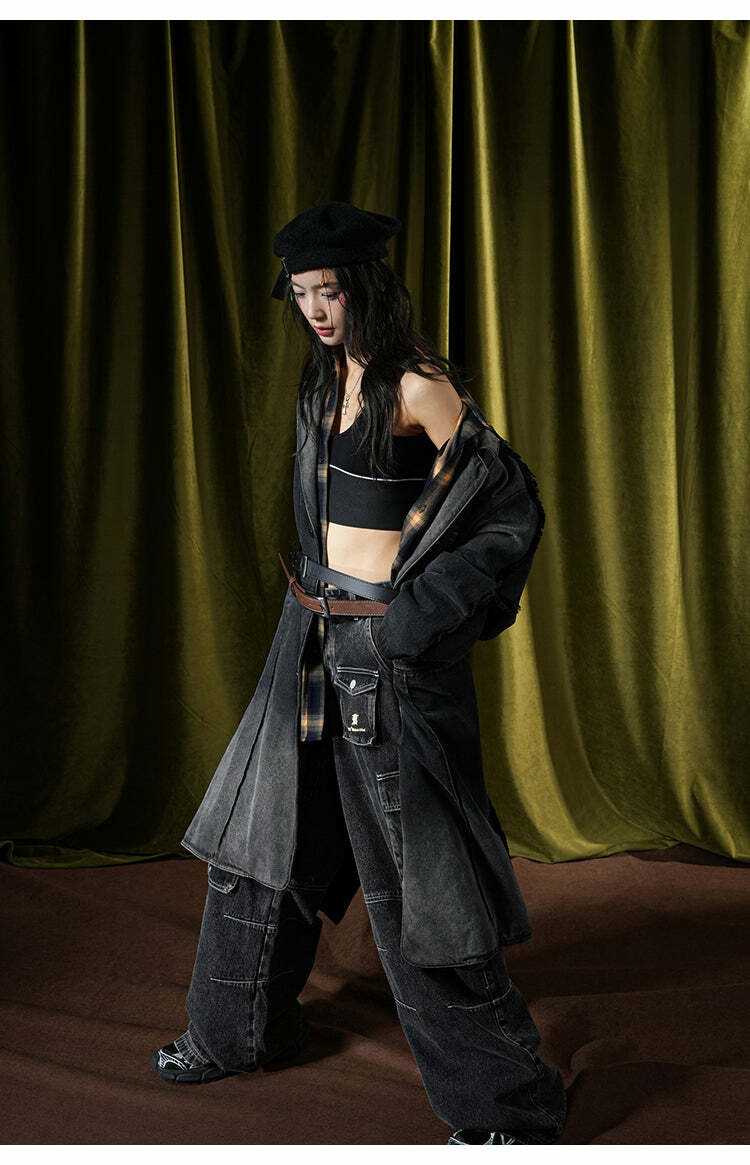 BJHG Faded Denim Trench Coat - Y2K Summer, 90s Grunge, Retro Style, Y2K Party & Club Out