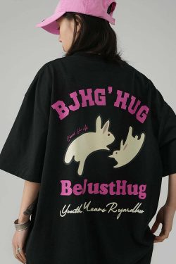 BJHG Leaping Bunny Tee - Y2K Summer Grunge, 90s Retro, Pastel Goth, Y2K Club & Party Out