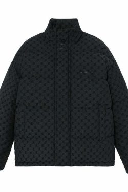 BJHG Monogram Print Puffer Jacket - Y2K Grunge, 90s Retro, Summer & Party Outfits