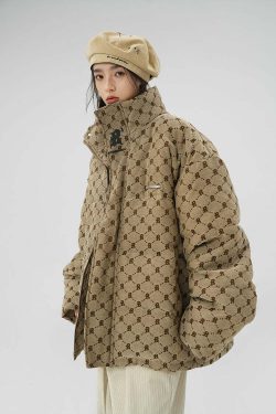 BJHG Monogram Print Puffer Jacket - Y2K Grunge, 90s Retro, Summer & Party Outfits
