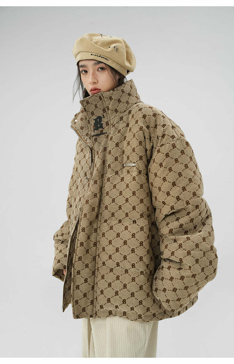 BJHG Monogram Print Puffer Jacket - Y2K Grunge, 90s Retro, Summer & Party Outfits