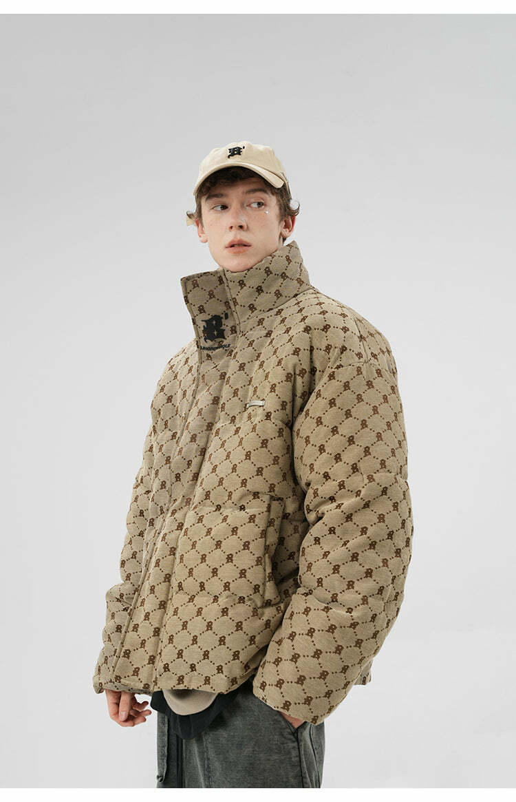 BJHG Monogram Print Puffer Jacket - Y2K Grunge, 90s Retro, Summer & Party Outfits